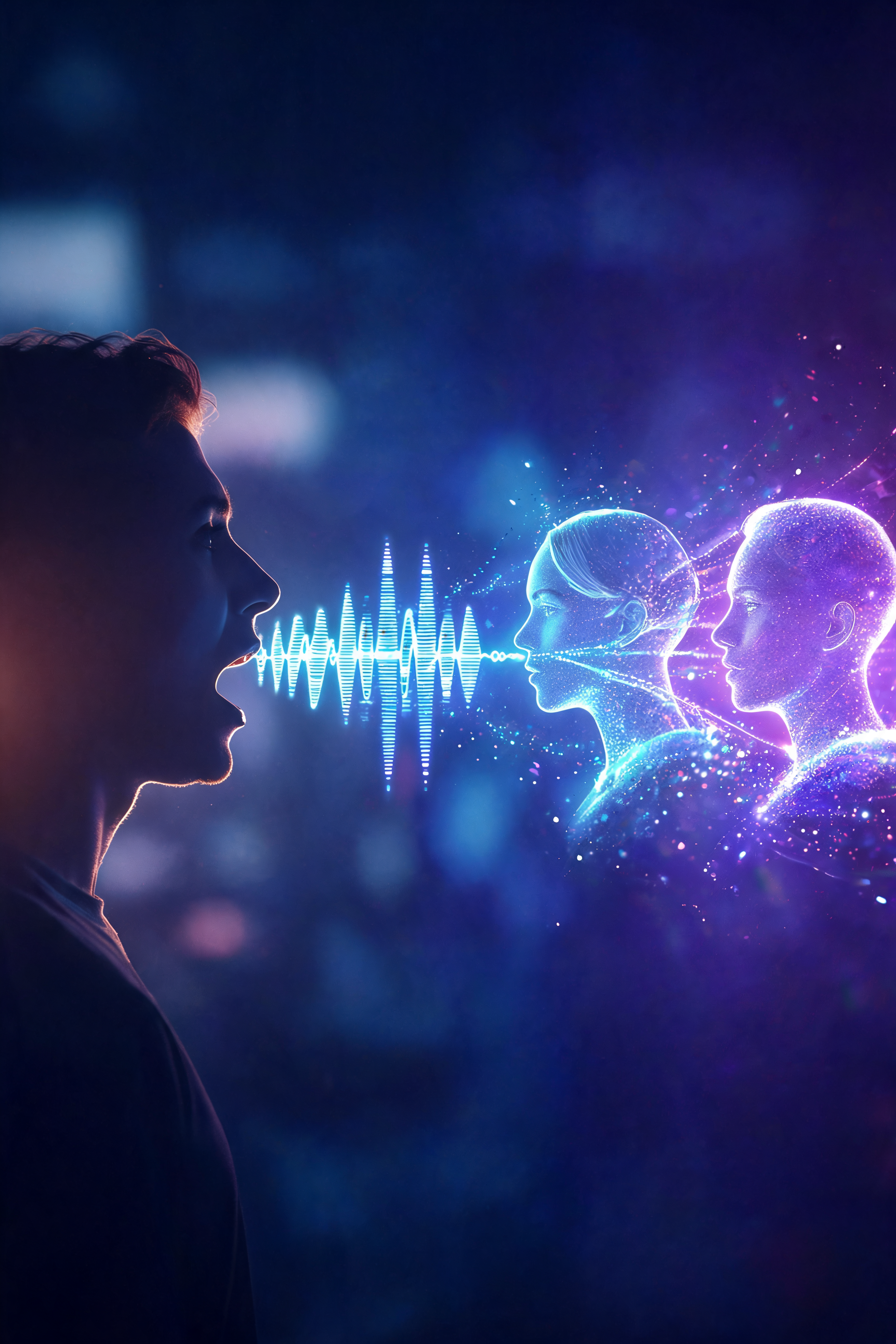 A person with a hooded sweatshirt facing toward a digital illustration of two glowing faces in profile, connected by neon lines and sound waveforms.
