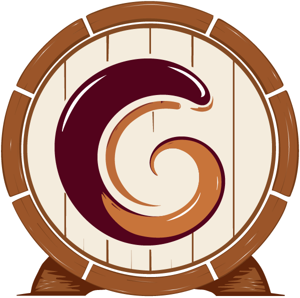 Cork and Copper Logo - Barrel on its side with a burgundy and copper swirl in the shape of a C