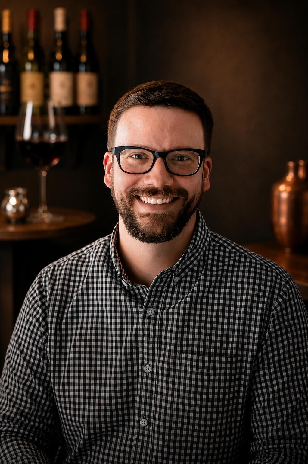 A smiling man with glasses and a beard wearing a black and white checkered shirt, in a dimly lit room with wine bottles, a glass of red wine, and copper decor in the background.