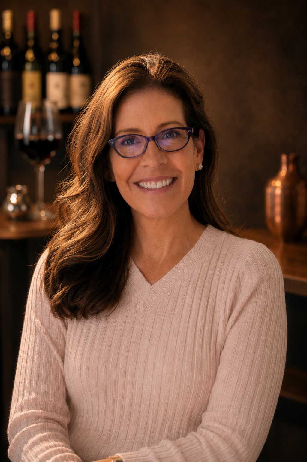 A smiling woman with long wavy brown hair, wearing glasses and a light beige ribbed sweater, in a warmly lit room with wine bottles and glasses in the background.
