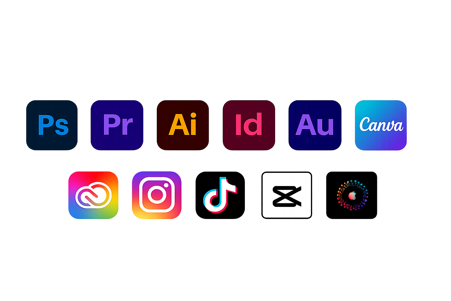 Image of app icons for Adobe Photoshop, Adobe Premiere, Adobe Illustrator, Adobe InDesign, Adobe Acrobat, Canva, Adobe Creative Cloud, Instagram, TikTok, and other editing and social media apps.