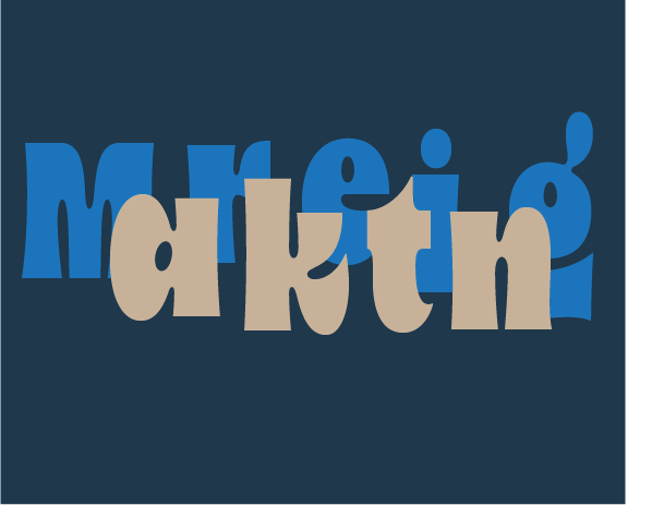 The word "marketing" written in overlapping blue and beige letters on a dark background.