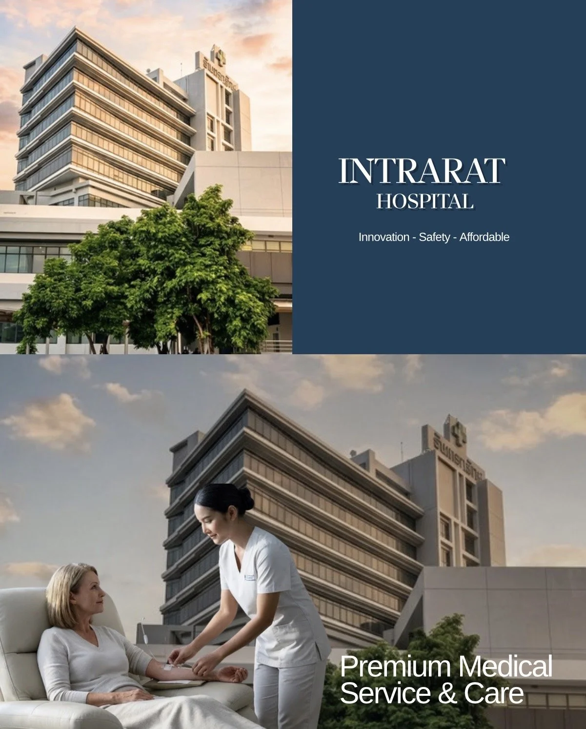 Intrarat Hospital building in Bangkok and a nurse caring for a seated patient
