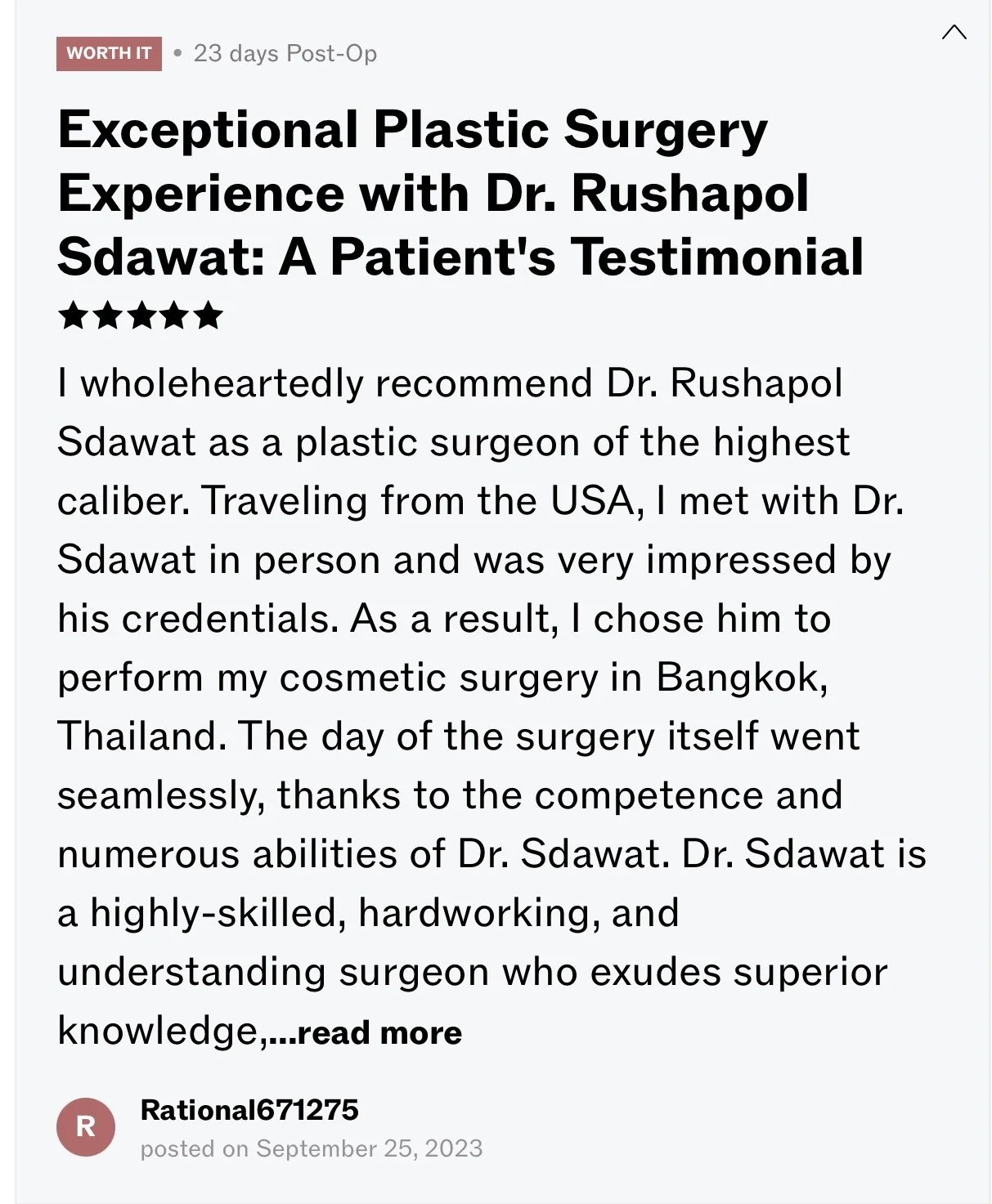 Image of an article title and beginning of a review about plastic surgery performed by Dr. Rushapol Szawat in Bangkok, Thailand, highlighting a patient's positive testimonial.
