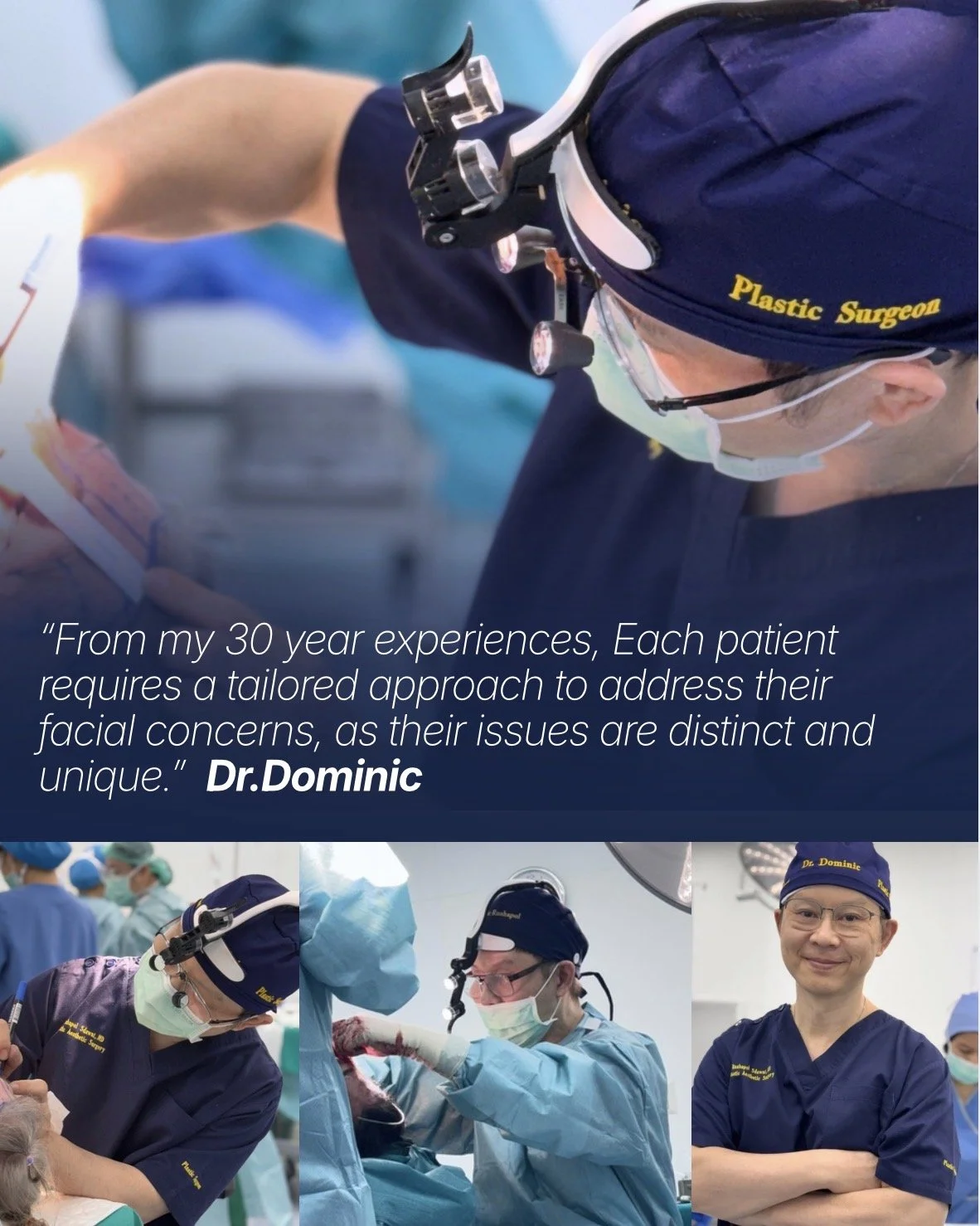 A collage of images showing a plastic surgeon in an operating room, wearing a navy scrubs with yellow embroidery that says 'Plastic Surgeon,' and a headlamp. The collage includes a quote from Dr. Dominic about patient care and individual approaches based on experience.