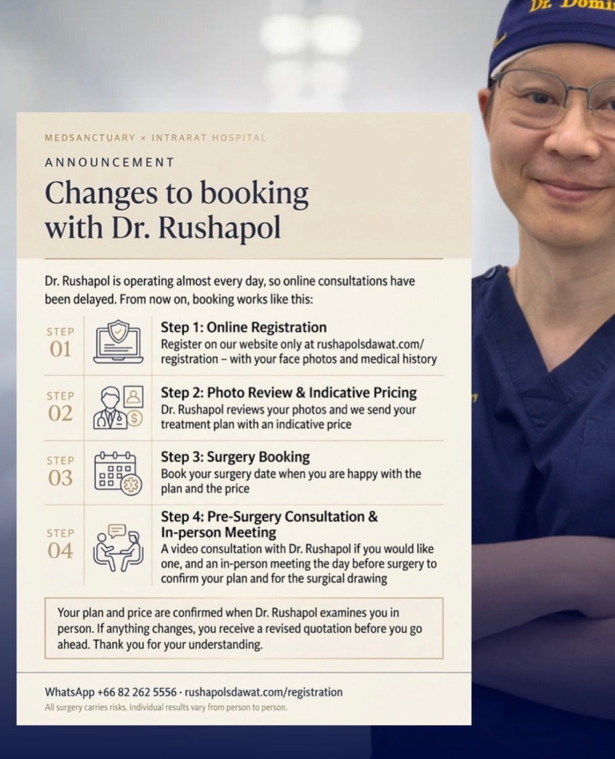 Changes to booking with Dr. Rushapol

Dr. Rushapol is operating almost every day, so online consultations have been delayed. Here is how booking works from now on:

1️⃣ Register on our website only &ndash; link in bio
2️⃣ Dr. Rushapol reviews your ph