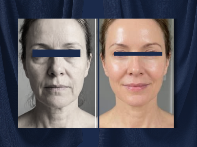 Side-by-side comparison of a woman's face before and after facial rejuvenation, with the 'before' in black and white and the 'after' in color, showing a more youthful and smooth appearance.