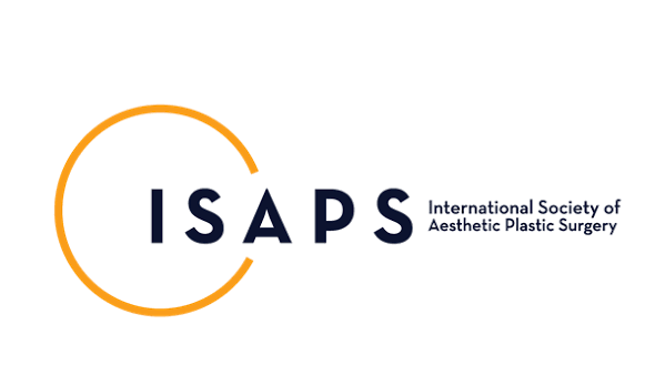 Logo of the International Society of Aesthetic Plastic Surgery, with an orange semicircle and the acronym ISAPS in bold blue letters.