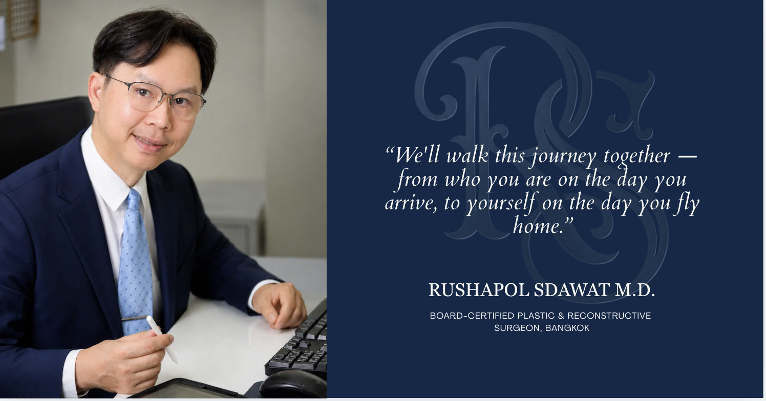 A professional man wearing glasses in a dark suit, white shirt, and light blue tie, sitting at a desk with a computer and stylus. The right side of the image contains a quote and the name Rushapol SdaWat M.D., a board-certified plastic and reconstructive surgeon from Bangkok, against a dark blue background.