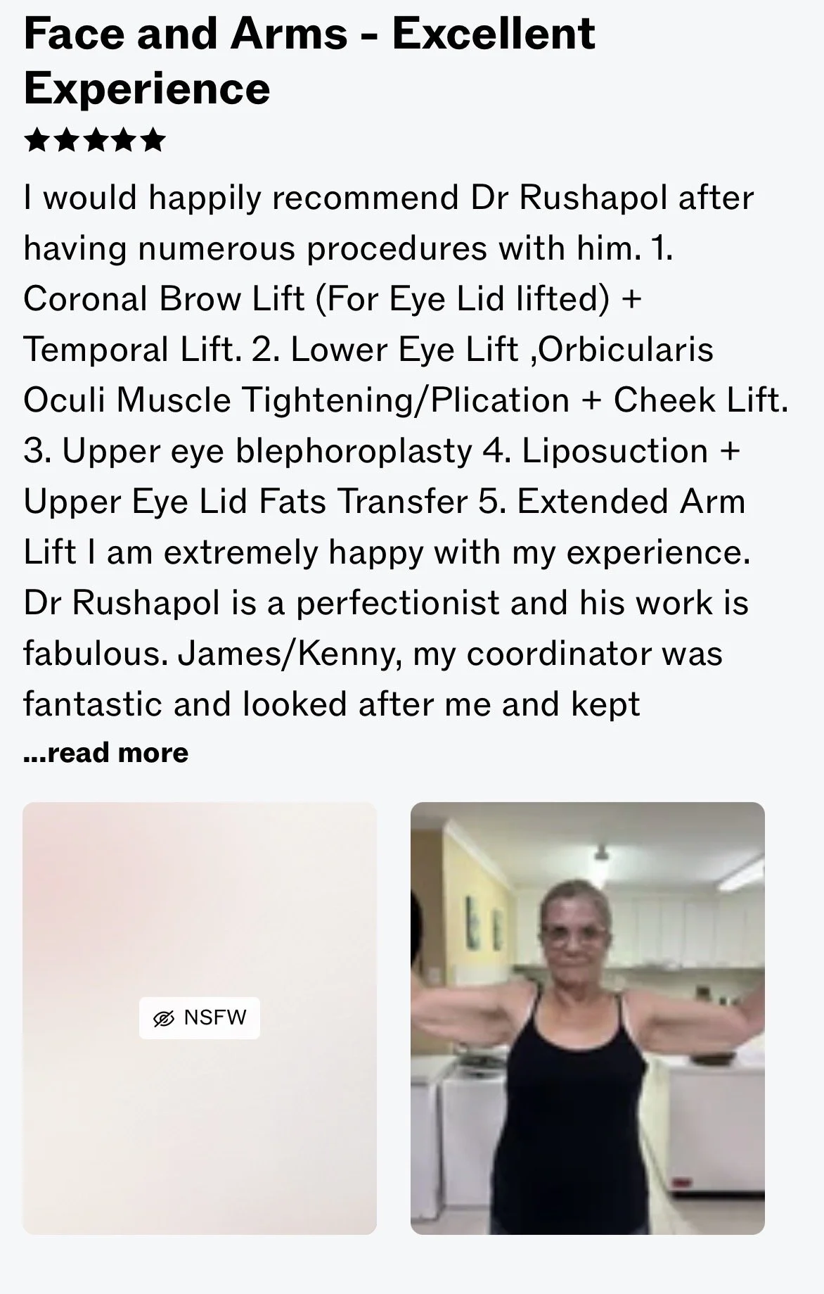 Customer review praising Dr. Rushapol with a smiling woman in a black tank top flexing her biceps in a kitchen. The review highlights various cosmetic procedures performed on her face and eyes.