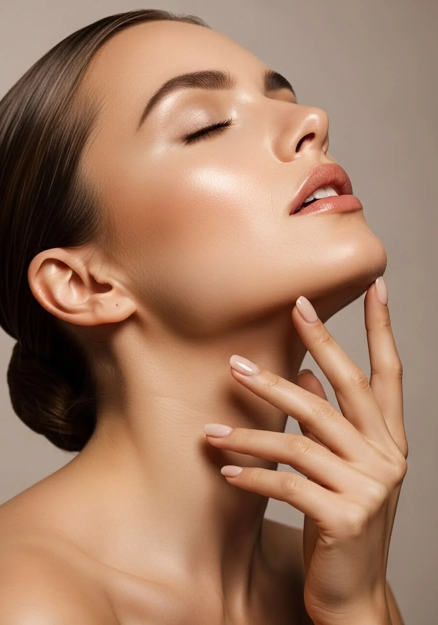 Close-up beauty portrait of a woman with glowing skin, closed eyes, and manicured fingers touching her chin
