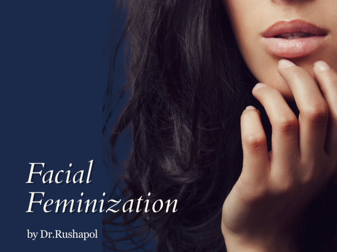 Close-up of a woman's face and hand, with text 'Facial Feminization by Dr. Rushapol' on a dark blue background.