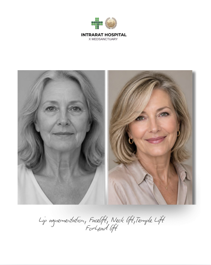 Side-by-side comparison of a woman before and after cosmetic procedures, including lip augmentation, facelift, neck lift, temple lift, and forehead lift at Intrarat Hospital.