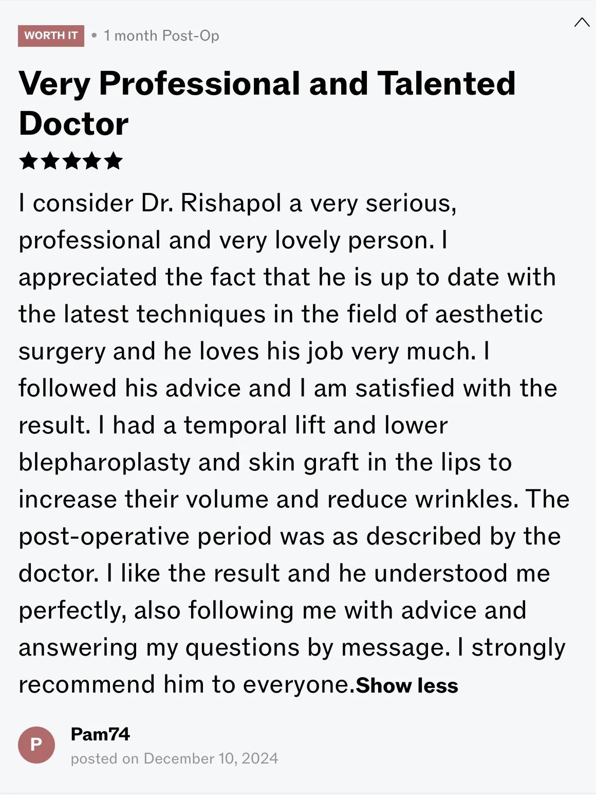 Screenshot of a positive review for Dr. Rishapol, praising his professionalism, expertise in aesthetic surgery, and satisfactory results from a cosmetic procedure.