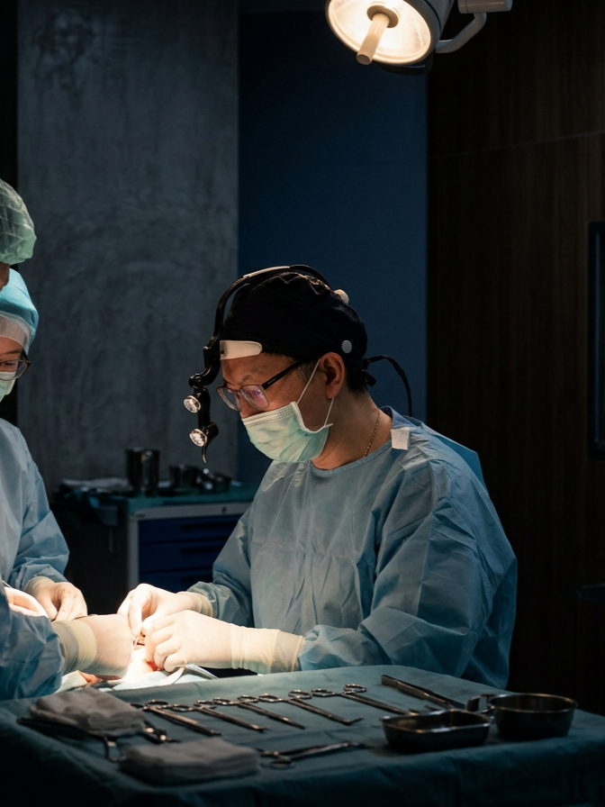 Surgeon wearing protective gear and headlamp performing surgery with surgical instruments on a sterile operating table