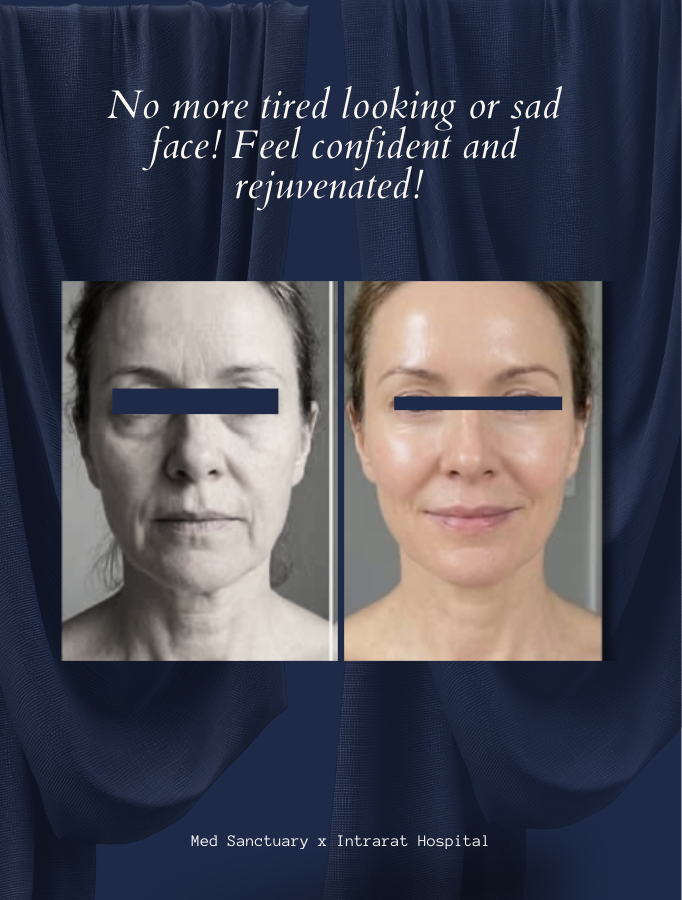 Comparative before and after photo of a woman's face showing rejuvenation results.