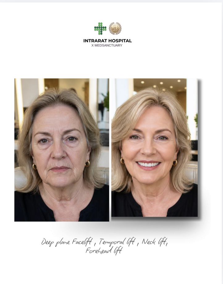 Before and after photos of an elderly woman showing facial improvements, with clear differences in skin tightness and expression, related to deep plane facelift, temporal lift, neck lift, and forehead lift.