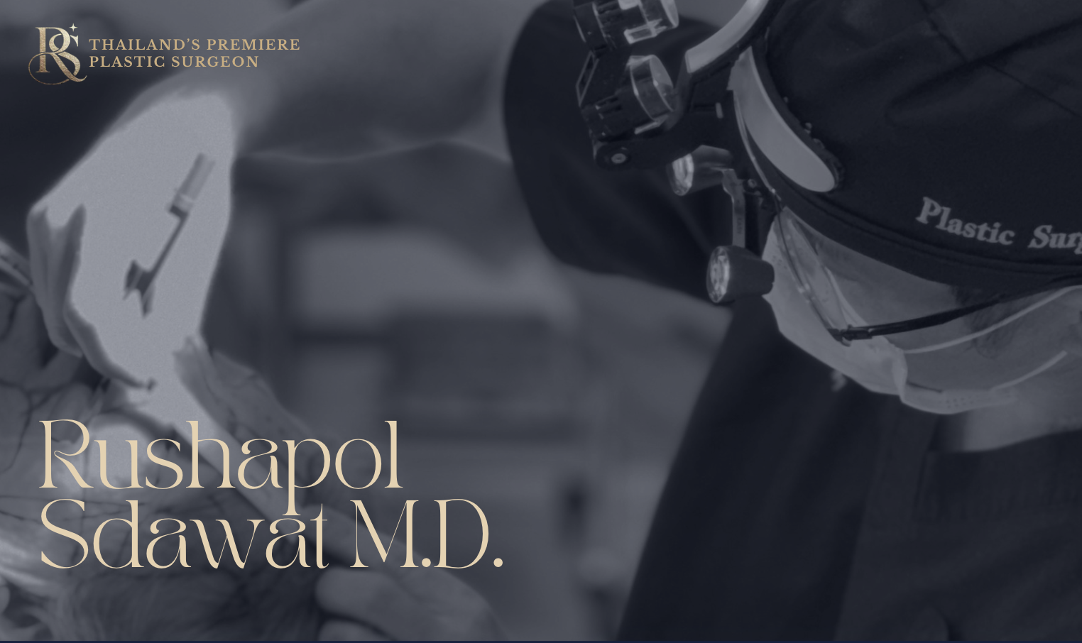 Close-up of a plastic surgeon wearing a mask and holding surgical tools, with text overlay for Rushapol Sdaawat M.D. and Thailand's Premiere Plastic Surgeon.