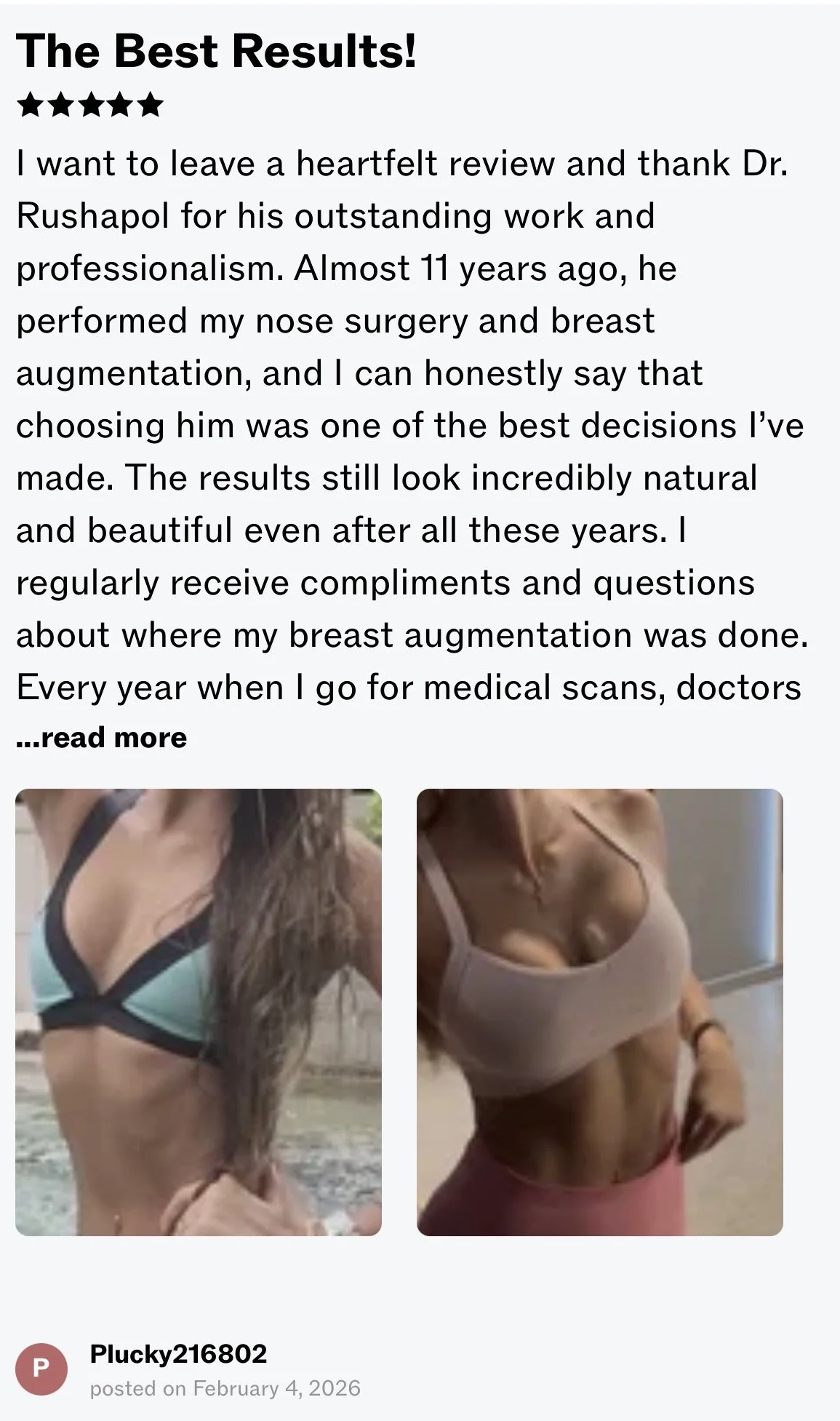 Screenshot of a review praising Dr. Rushapol for his work on nose surgery and breast augmentation, accompanied by two images of women in bikinis showing their torsos and abs.