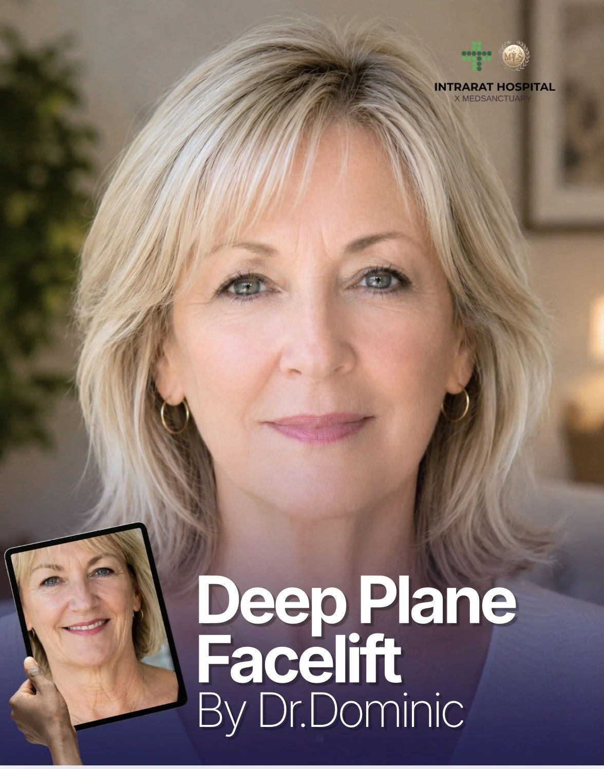 Cover photo for a deep plane facelift by Dr. Dominic featuring an older woman with blonde hair before and after the procedure, with logos of Intrarart Hospital and Medsancuary.
