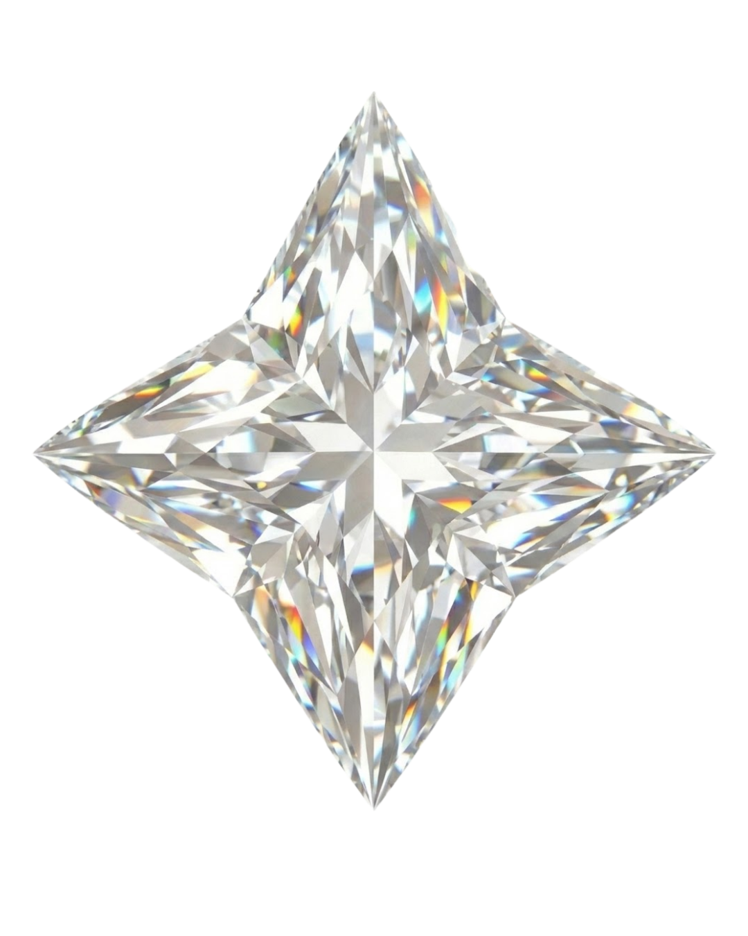 Faceted four-pointed diamond-shaped crystal with rainbow reflections