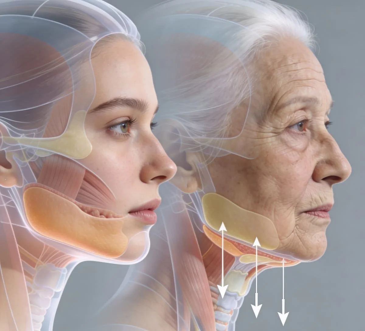 Illustration of the facial layers and the direction of tissue repositioning in a deep plane facelift