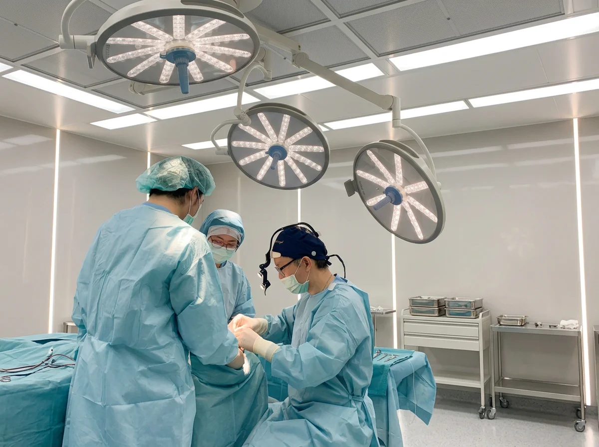 Surgical team in protective gowns and masks preparing for an operation in a modern operating room