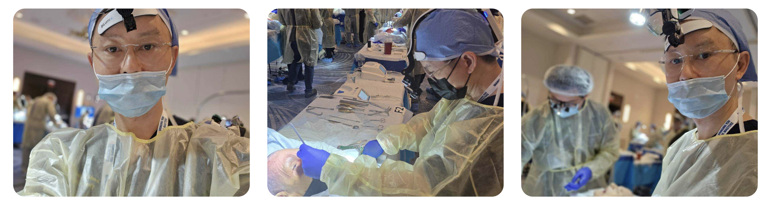 Healthcare professionals performing dental procedures at a conference, wearing masks, gloves, protective gowns, and magnifying headlamps, with a table of dental tools in the background.