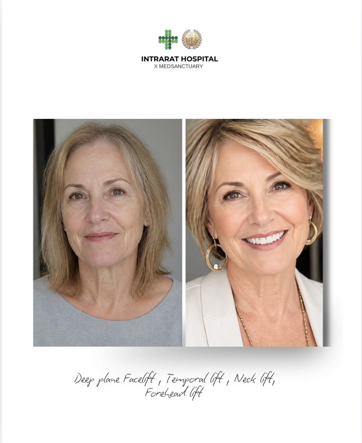 Before and after images of a woman showing facial improvement, labeled as deep plane facelift, temporal lift, neck lift, and forehead lift, associated with IntraRAT Hospital X MedSanctuary.