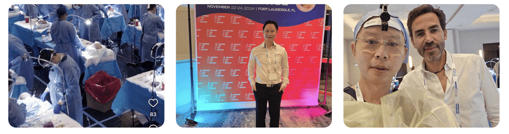 Dr. Rushapol Sdawat in surgery and at an international plastic surgery meeting in Fort Lauderdale, Florida, November 2024