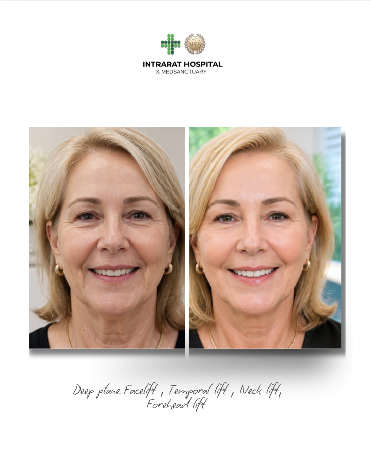 Side-by-side comparison of a woman before and after facial treatments, showing improved skin appearance, labeled with multiple cosmetic procedures.