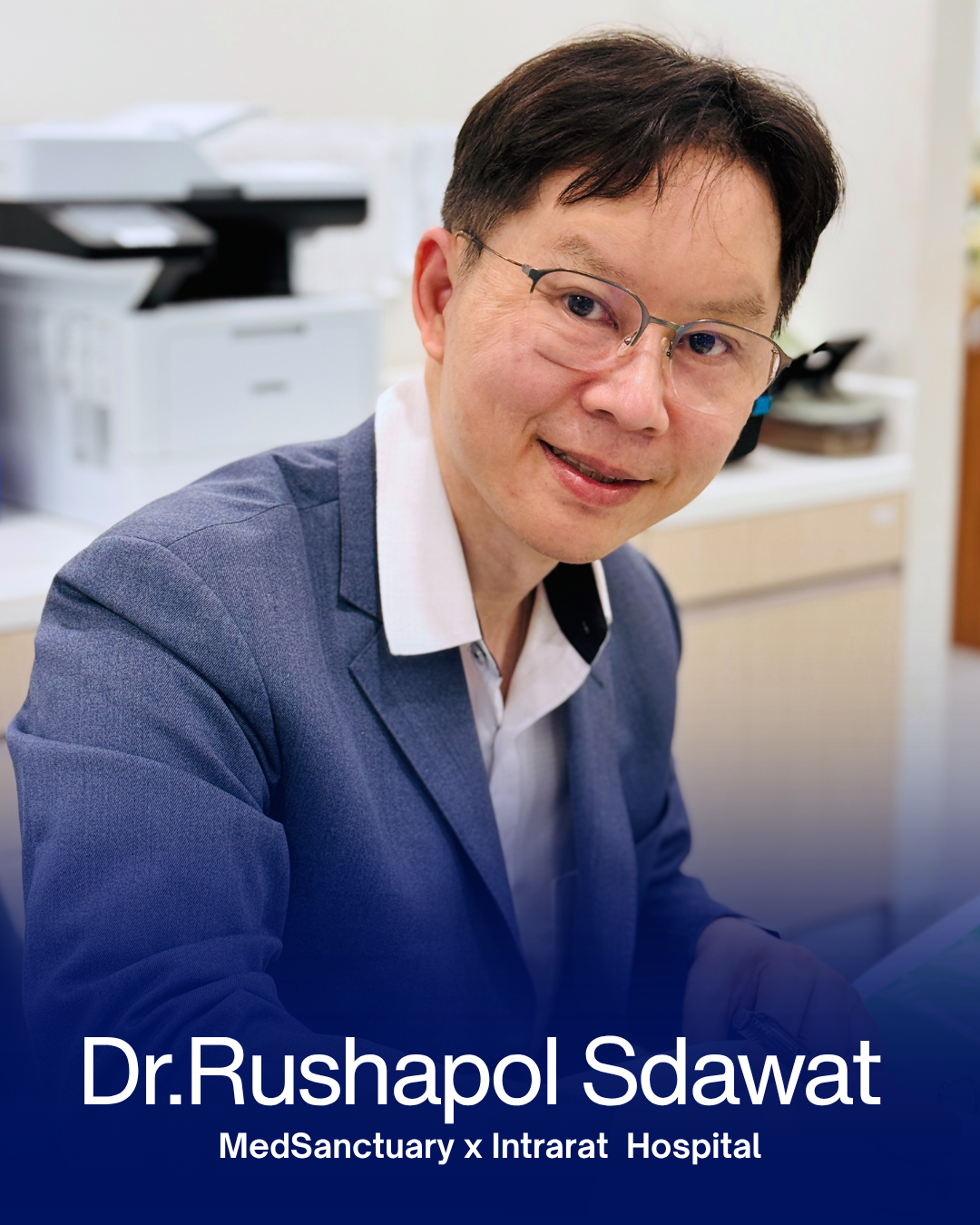 Portrait of Dr. Rushapol Sdawat wearing glasses and a blue blazer in a medical office, with MedSanctuary x Intrarat Hospital text.