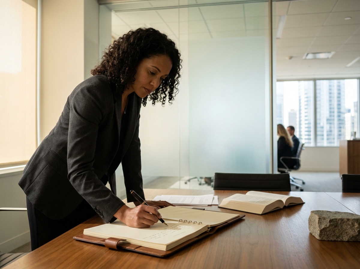 A woman in a black blazer is standing at a wooden conference table, writing in a large open notebook with another open book and a rock on the table. In the background, two people sit at a desk near windows showing city buildings.