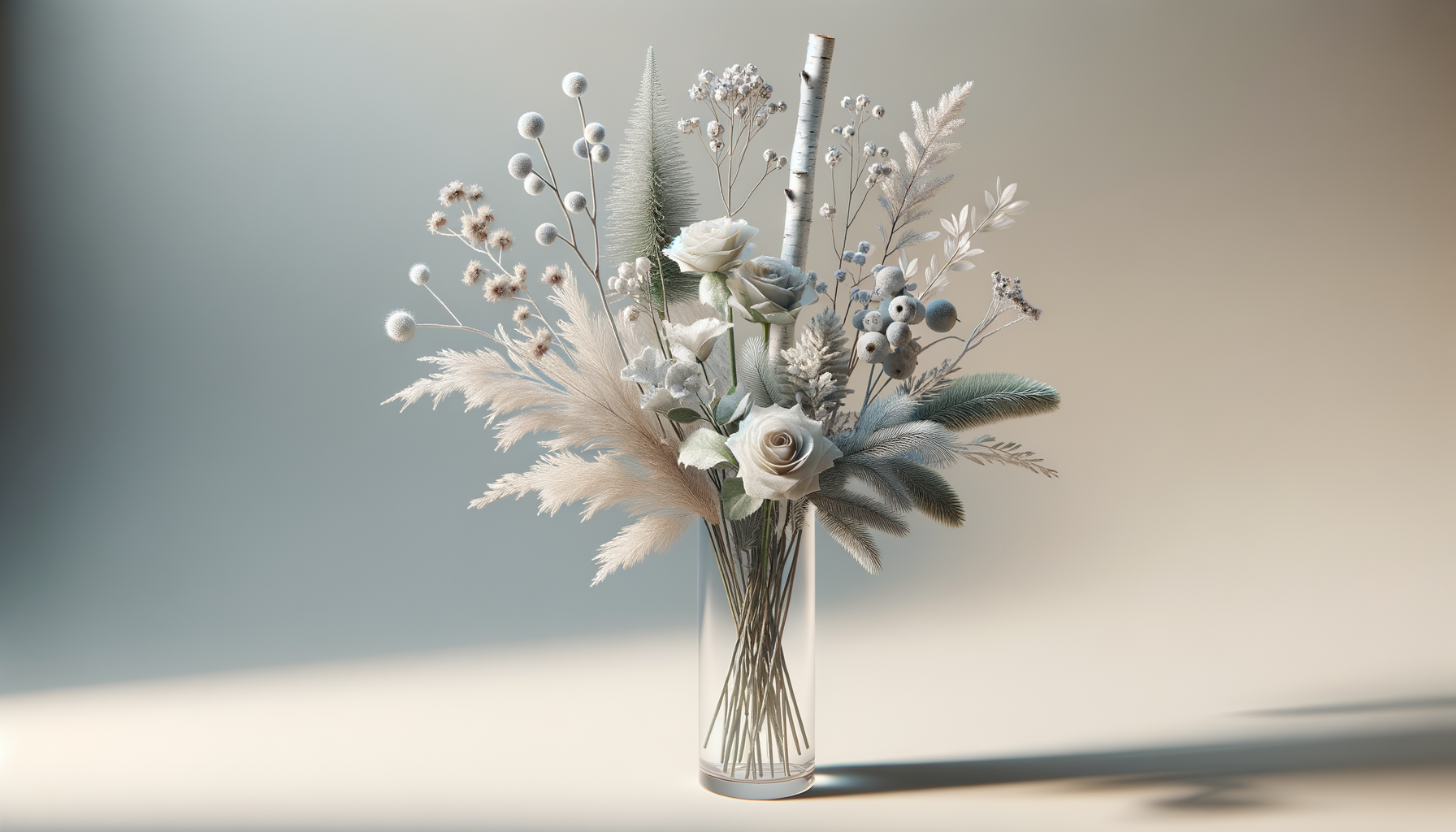 A modern bouquet of white roses, dried grasses, and decorative foliage arranged in a tall, clear glass vase on a neutral background.