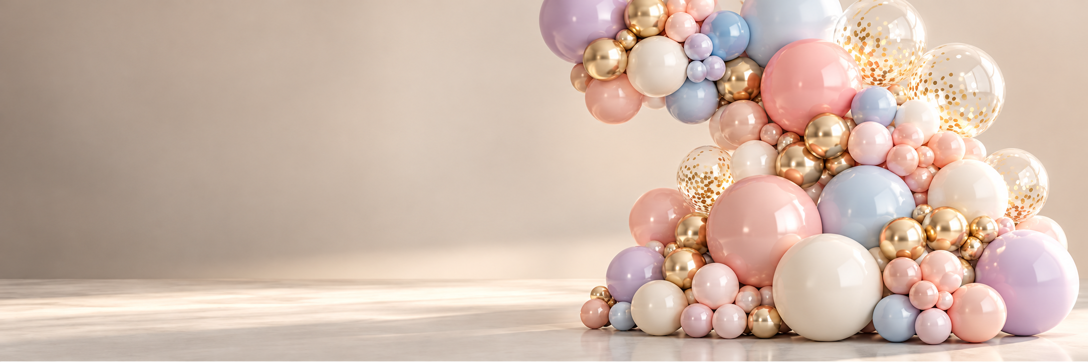 A large collection of pastel-colored balloons in pink, purple, white, and gold, arranged in a cluster against a neutral background.