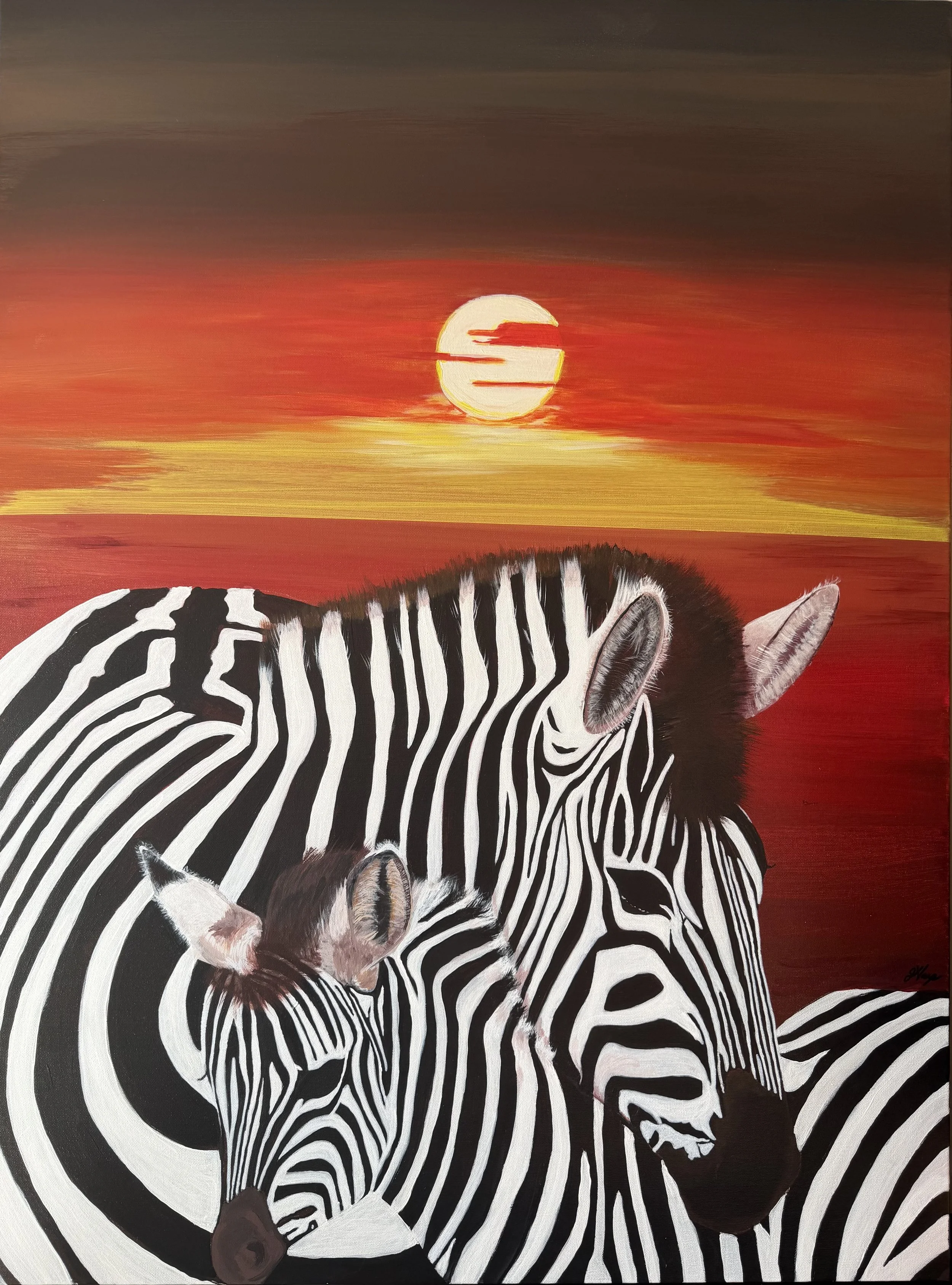 Painting of a zebra with a sunset in the background. The zebra's body and head shown, with stripes in black and white, and a red and orange sunset sky.