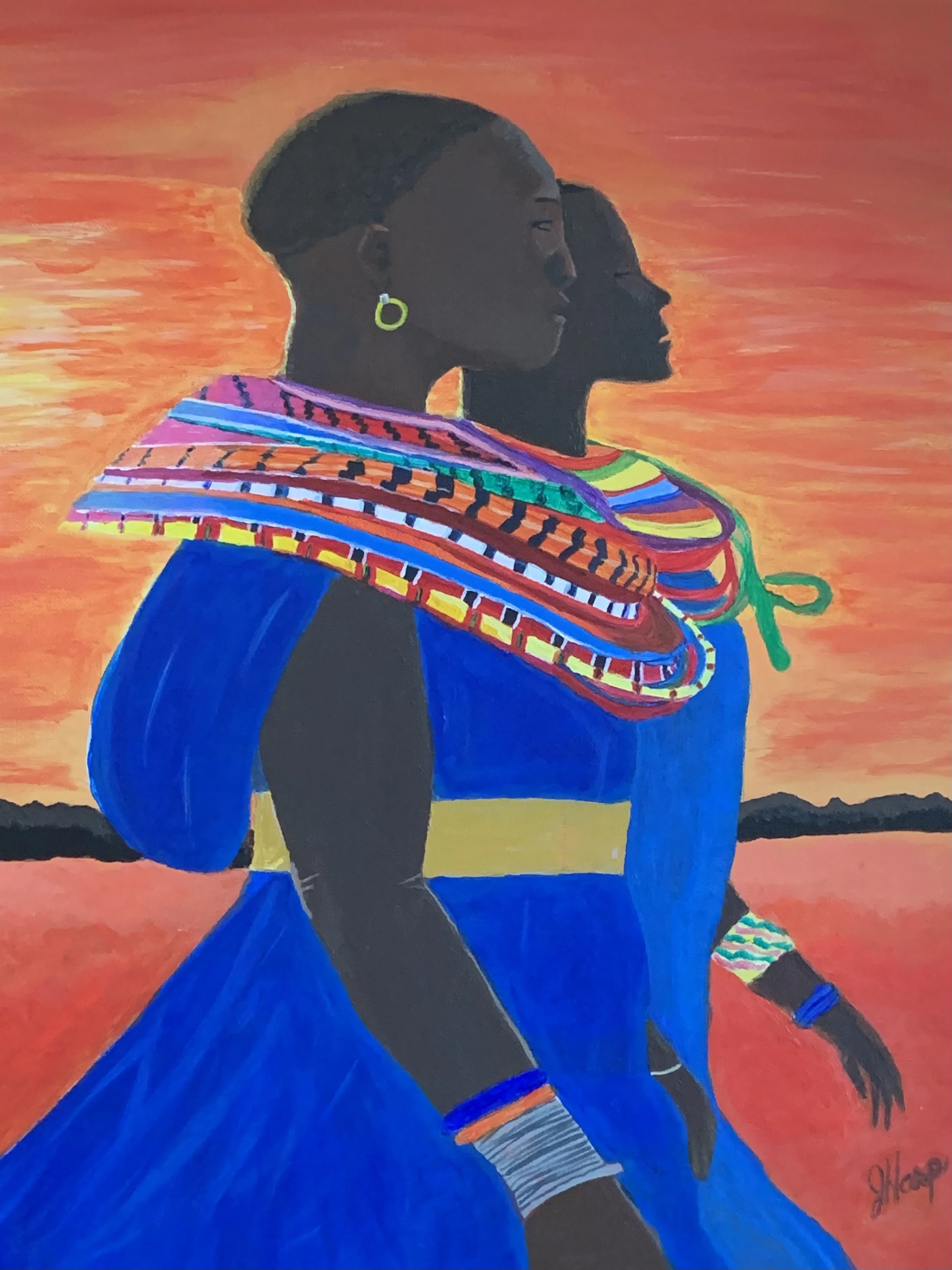 Painting of two women with African features and dark skin silhouette, wearing colorful jewelry and clothing, at sunset with a vibrant orange sky and distant mountains.
