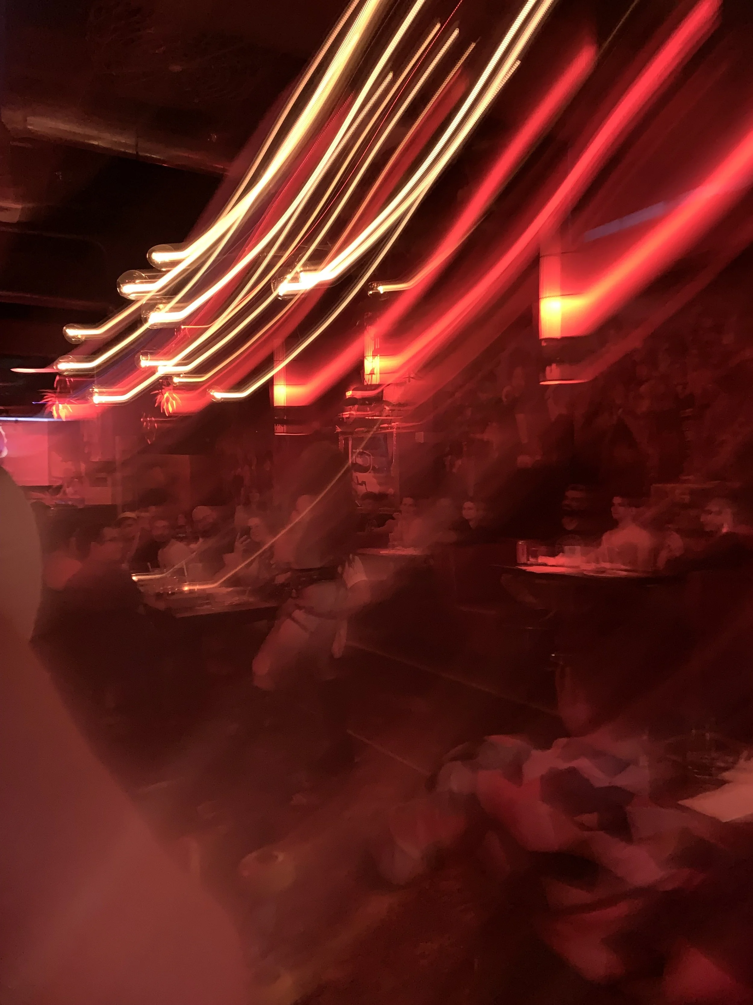 Decorative photograph taken by the author depicting blurred lights inside a busy cafe