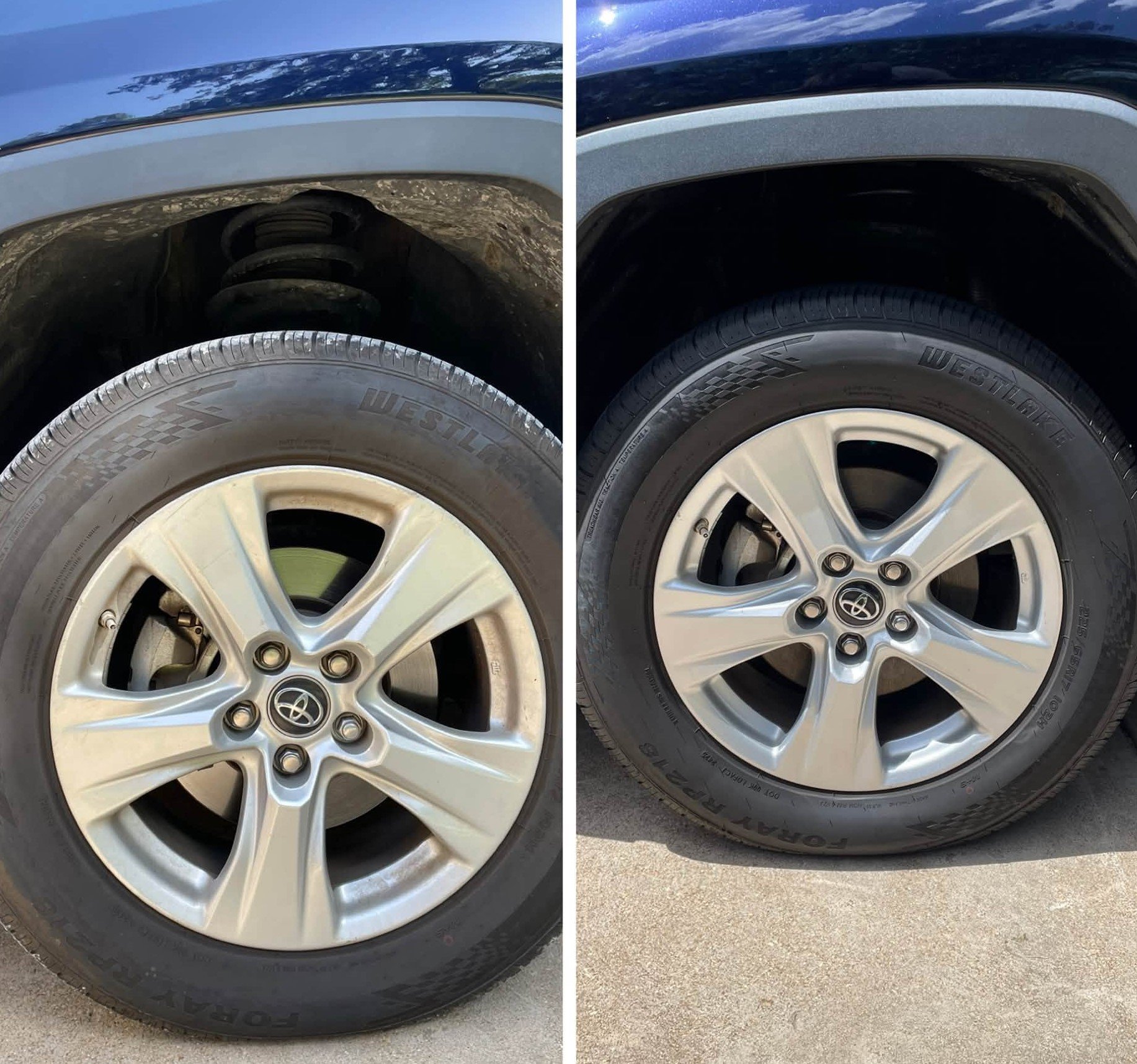 Side-by-side comparison of car wheels: the left wheel has a dirty tire and wheel, the right wheel has a clean tire and wheel.