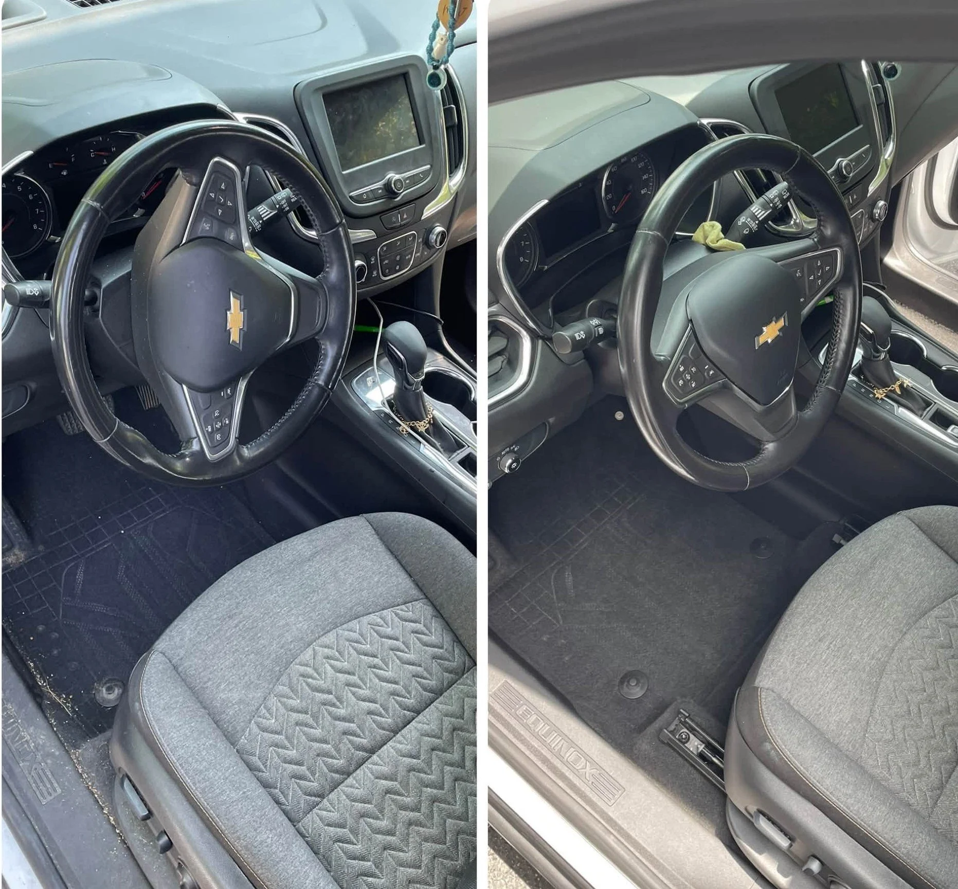 Comparison of the interiors of two vehicles, each showing a steering wheel and dashboard, with different styles and layouts.