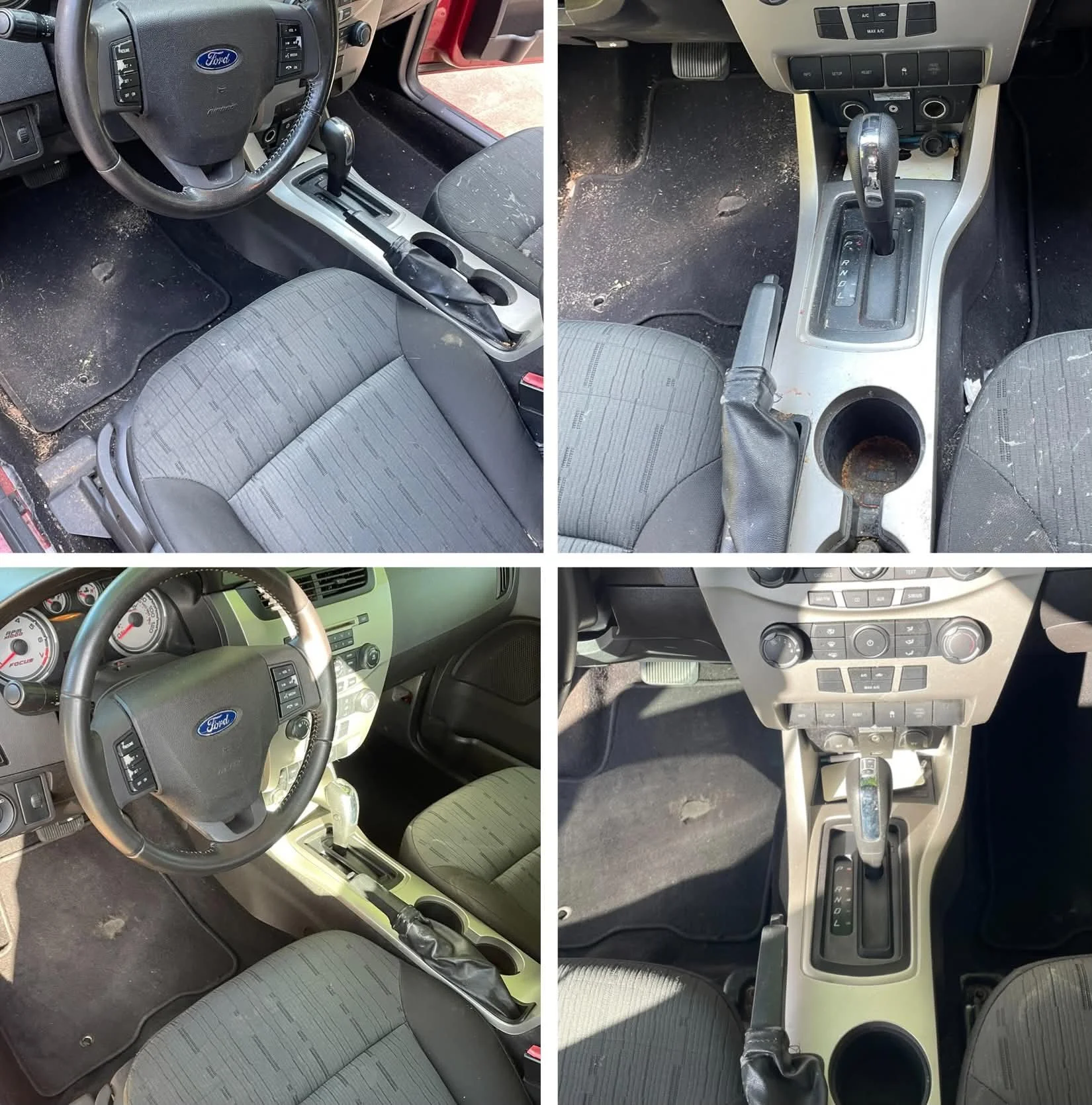 Side-by-side comparison of four car interior photos showing different vehicle dashboards, seats, and controls. The first and third images show steering wheels with the Ford logo, while the second and fourth images focus on the center console with gear shifters. Some pictures show dirty car floors and seats.