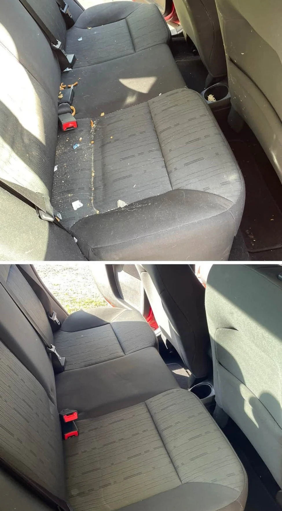 Comparison of car back seats: before cleaning with dirt, debris, and stains, after cleaning appearing clean and restored.
