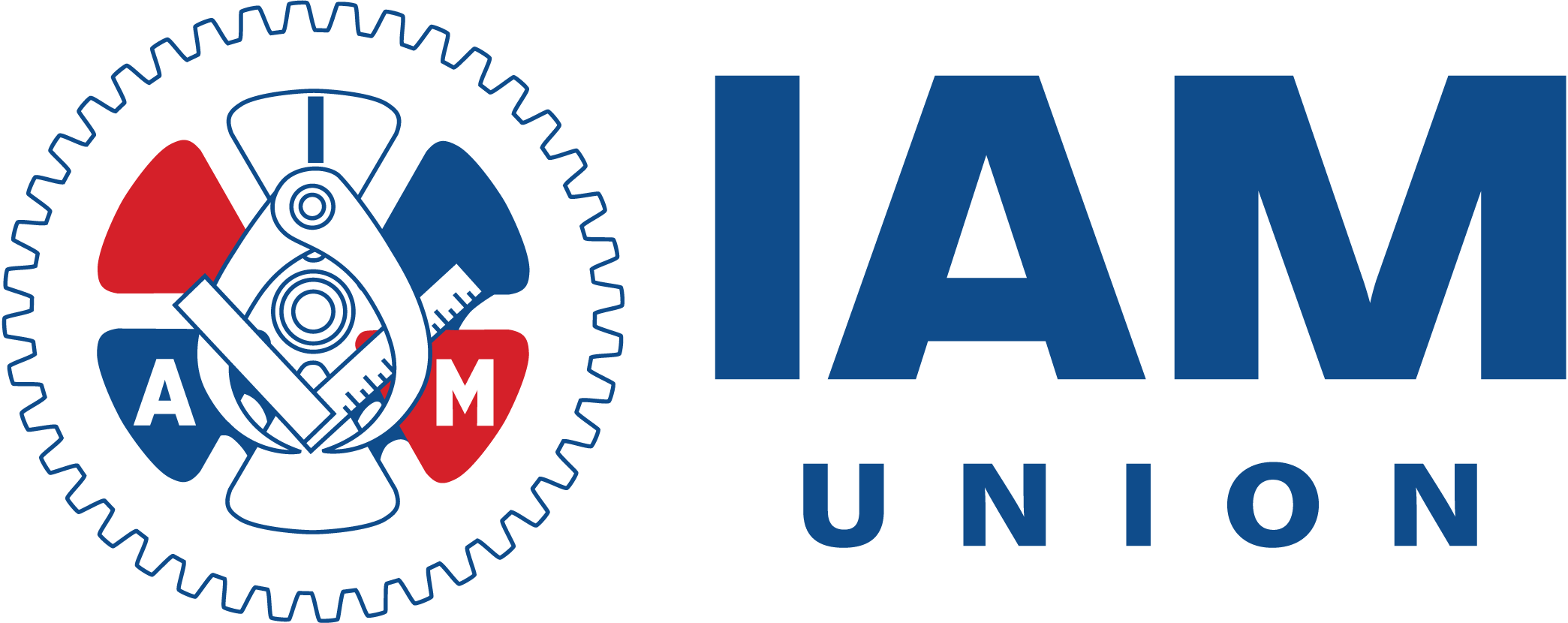 Logo of the International Association of Machinists and Aerospace Workers (IAM) featuring a gear, a wrench, a ruler, a hammer, and a gear within a circle, with the acronym 'IAM' and the words 'Union' written in blue.