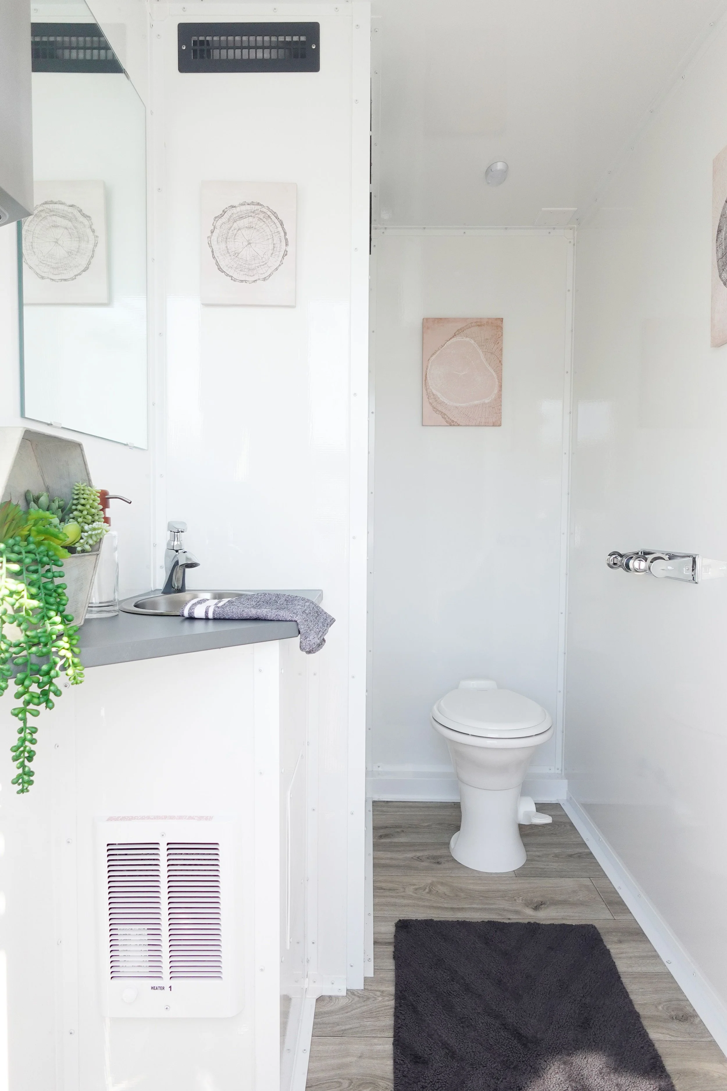 A compact white bathroom with a toilet, a small sink with a faucet, a mirror, wall art, a heater, and a black rug on wood-like flooring.