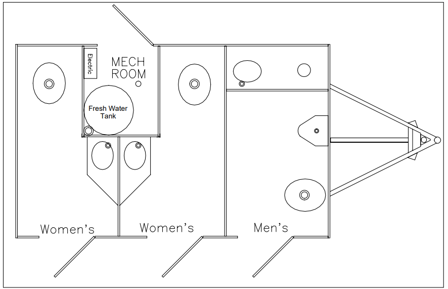 Floor plan of a bathroom with separate women's and men's sections, including sinks, toilets, showers, and a mechanical room with a fresh water tank.