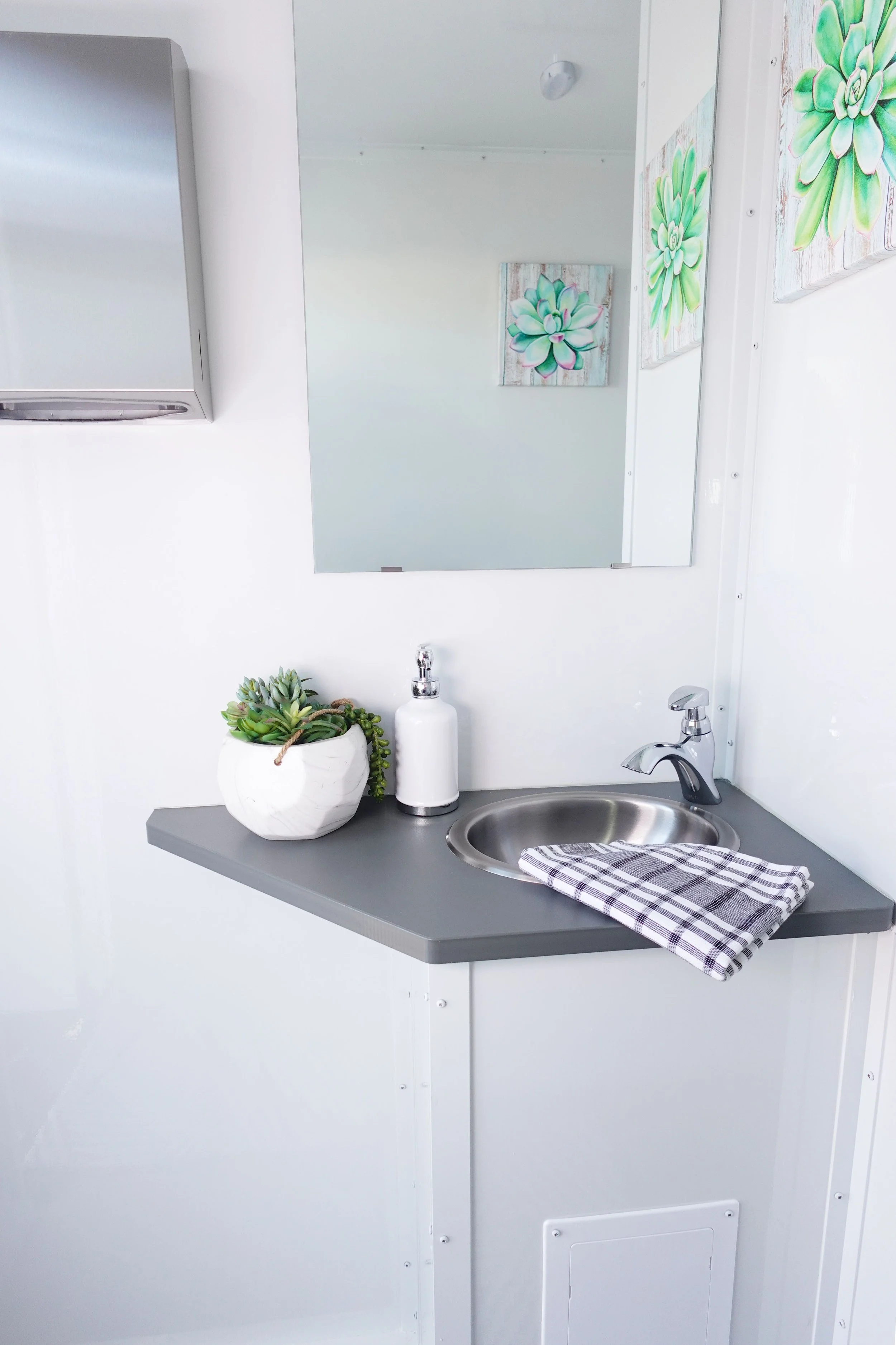 A small kitchen sink with a faucet, a striped kitchen towel, a white ceramic planter with succulents, and a pump-style soap dispenser on a gray countertop. A large rectangular mirror hangs on the white wall, reflecting a painting of a succulent plant. Part of a white cabinet with a small vent is at the top left corner.