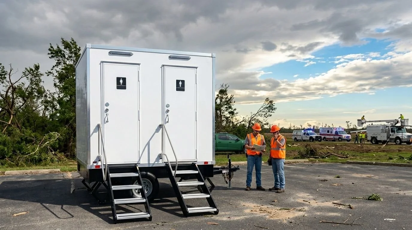 two workers in orange safety vests and helmets standing in front of a mobile bathroom unit, discussing while looking at a clipboard, with utility trucks and debris in the background.