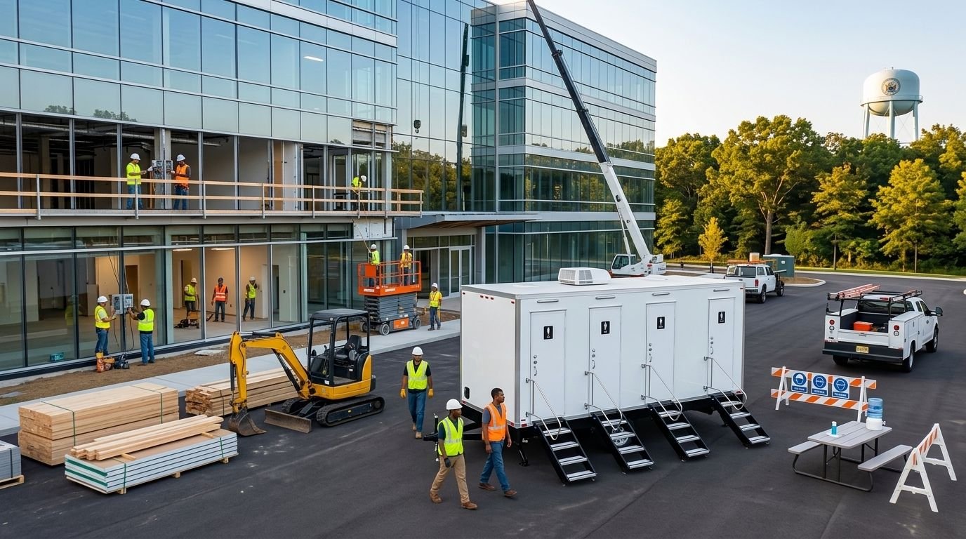 Construction workers in safety vests and helmets working on a modern glass office building, with equipment and trucks on site, surrounded by trees.