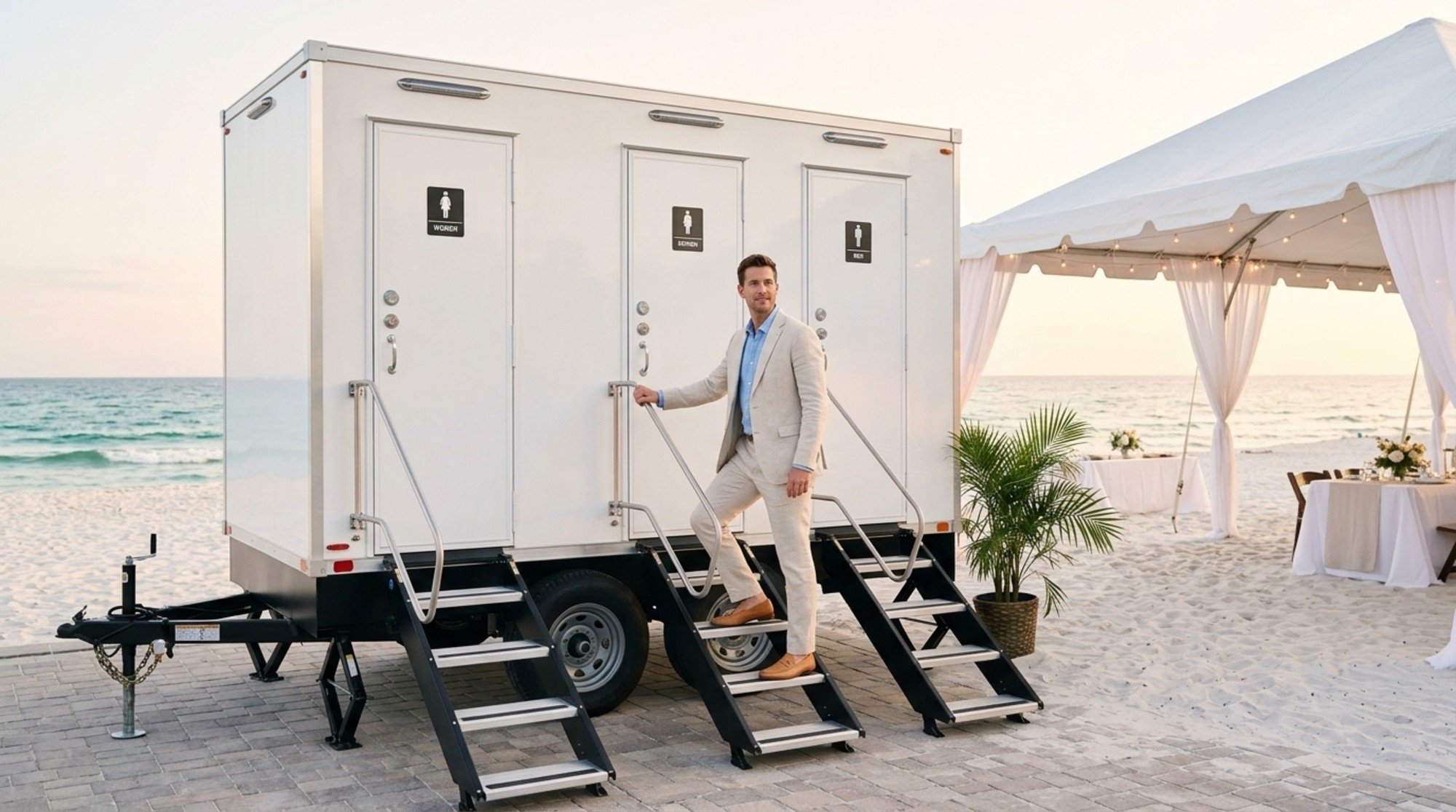 A man in a light-colored suit and brown shoes stepping down from a mobile restroom trailer on a beachside with a white tent and tables in the background.