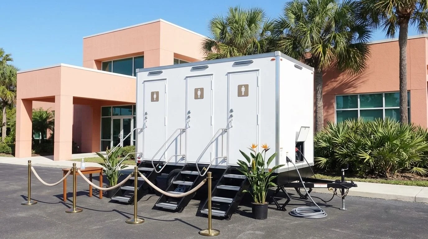 Portable restroom trailers with multiple stall doors, surrounded by rope barriers and potted plants, in front of a pink building with palm trees, on a sunny day.